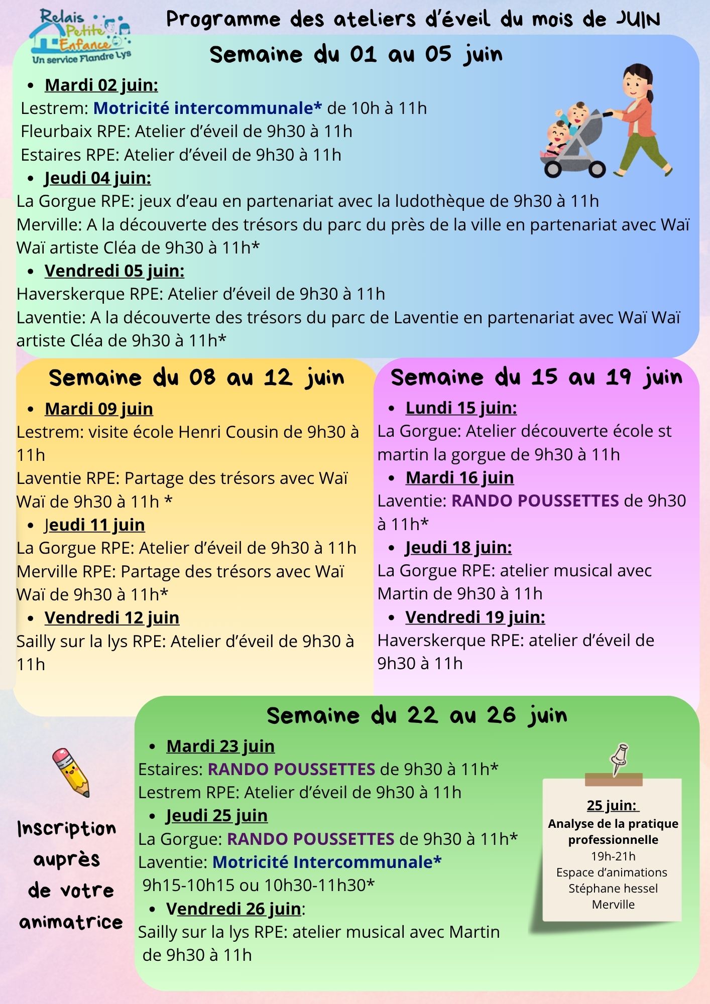 planning ateliers déveil juin